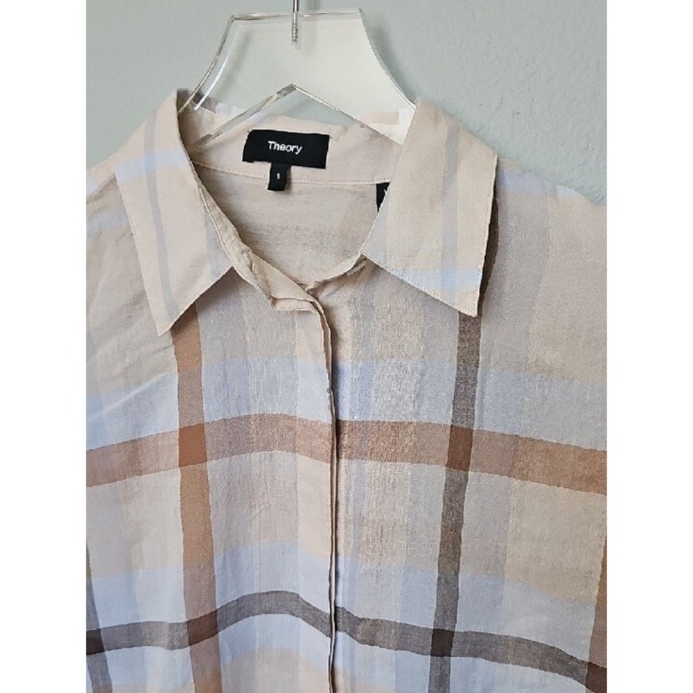 Theory Womens Plaid Button Down Shirt Beige Blue Long Sleeve Size S - Picture 3 of 8